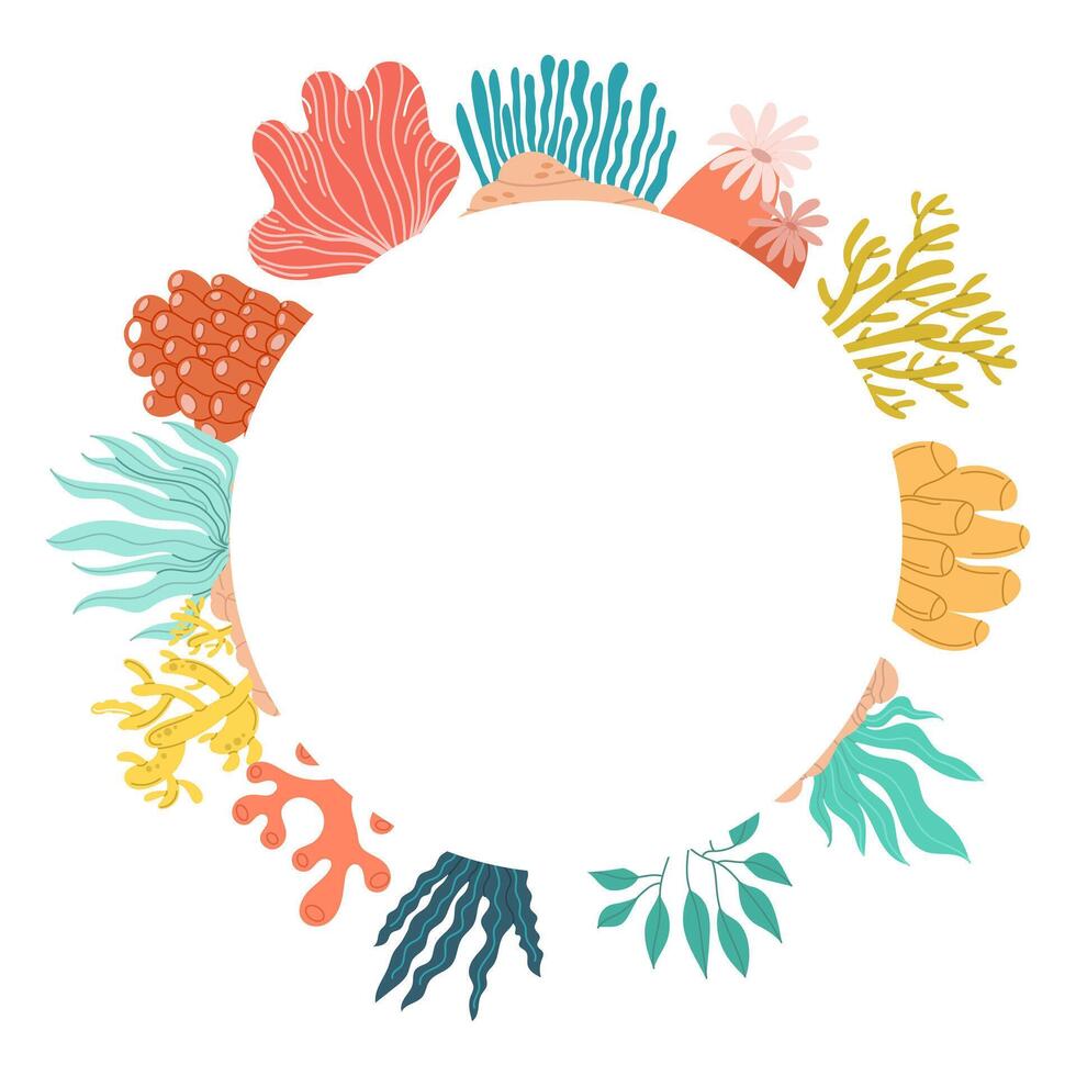 Round frame with different types of seaweed. Flat illustration vector