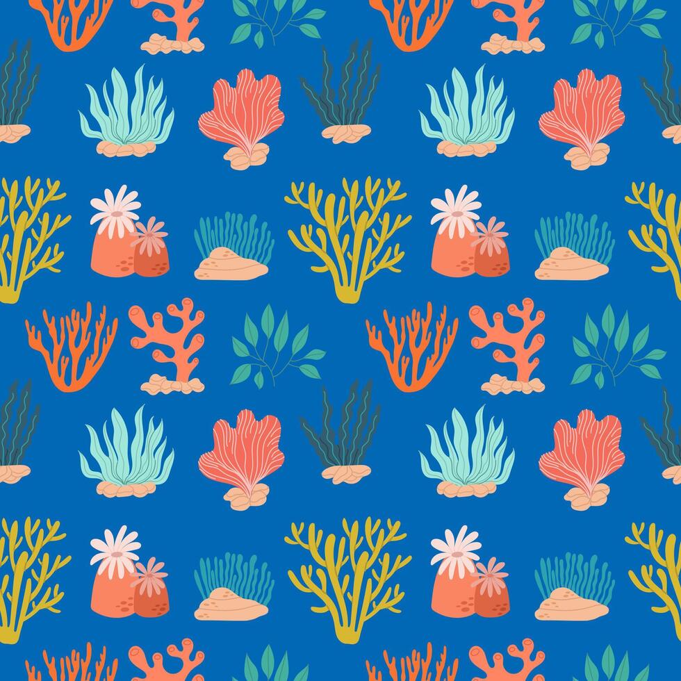 Seamless pattern with colorful different seaweeds on a blue background. Vector