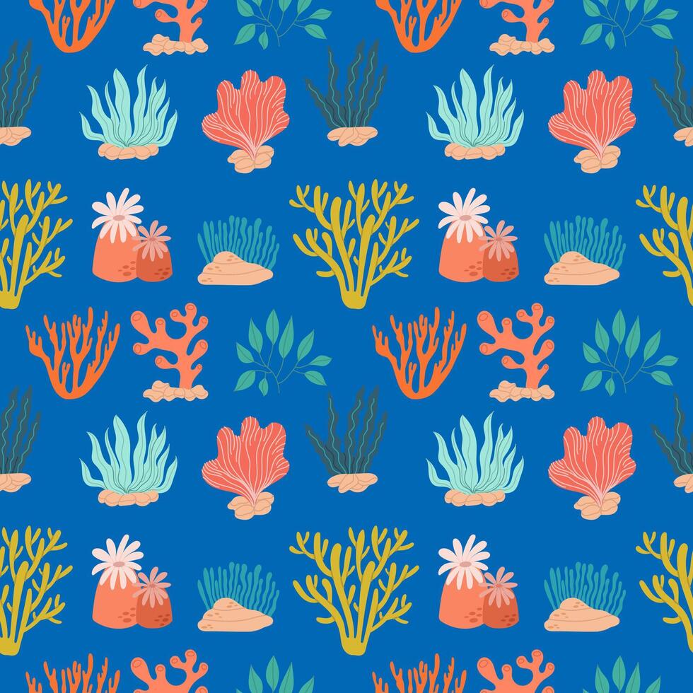 Seamless pattern with colorful different seaweeds on a blue background. Vector