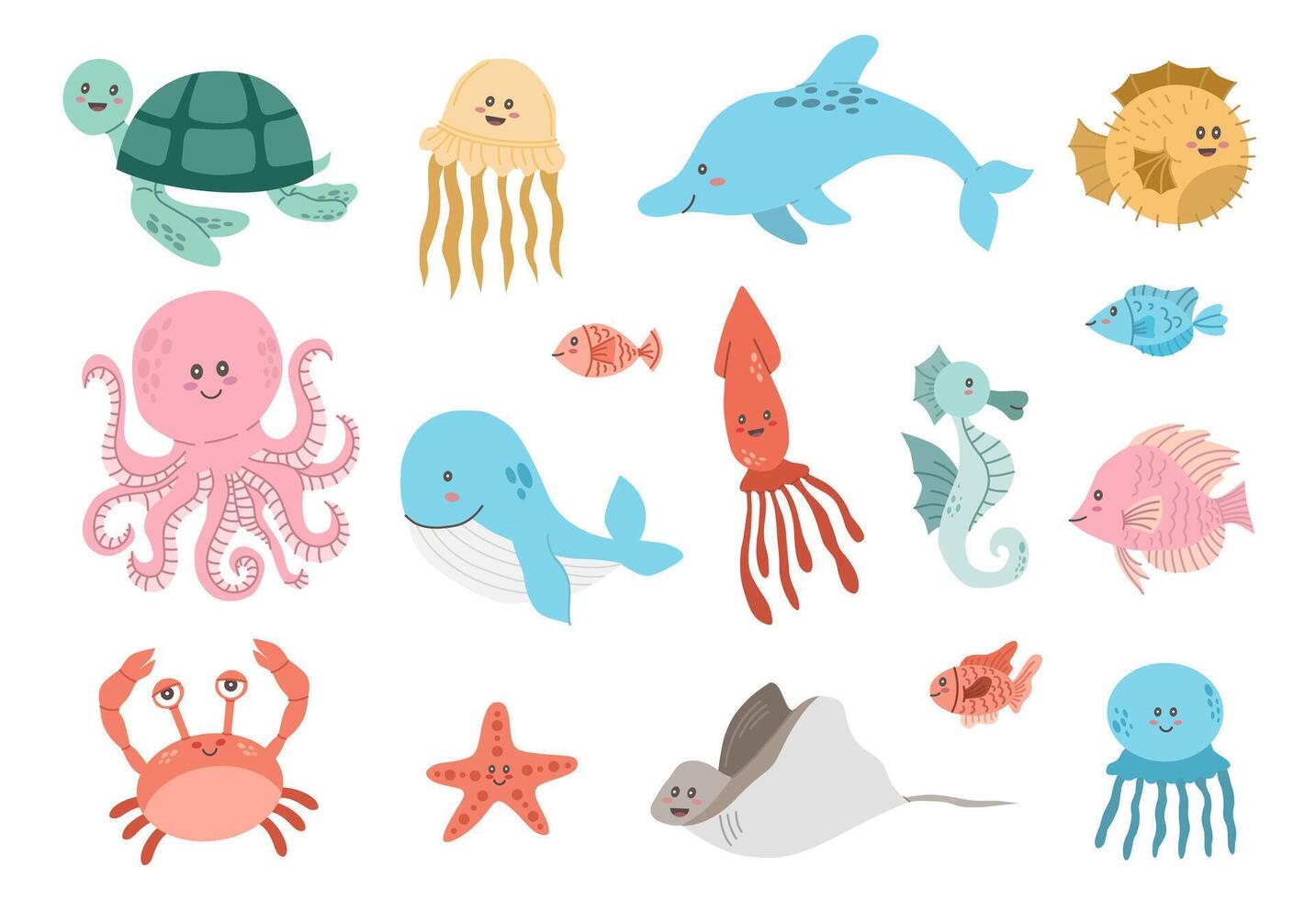 Set with different kawaii sea animals on white background vector