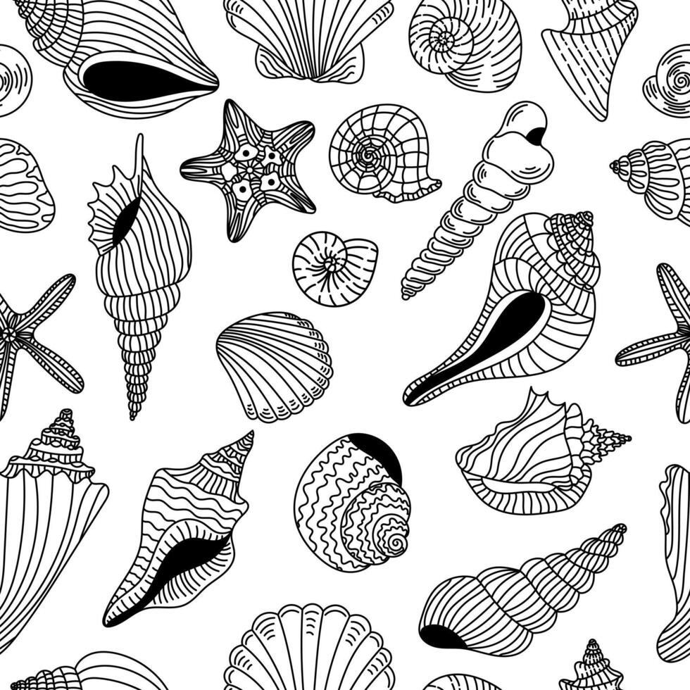 Seamless pattern with simple linear seashells. Black and white vector