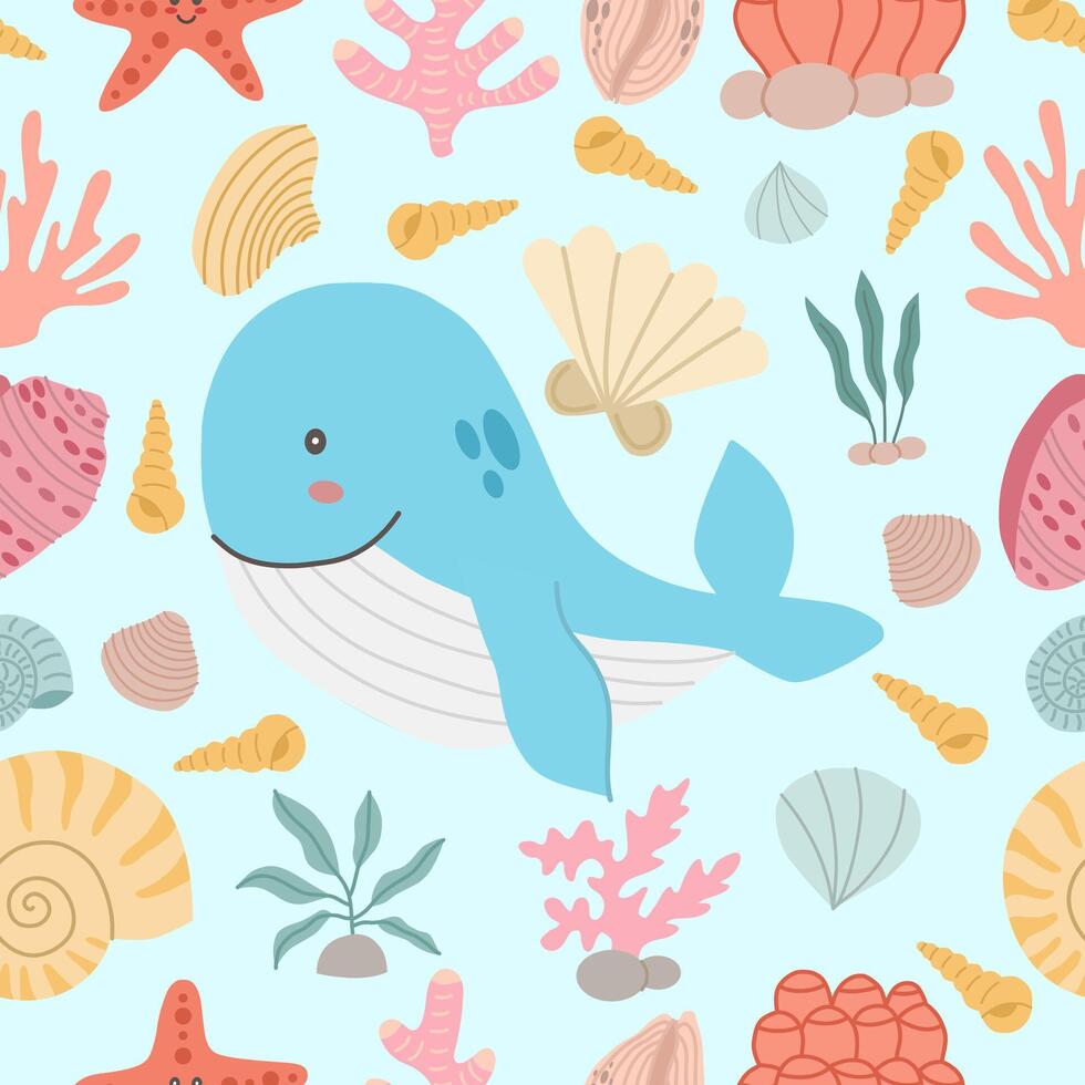 Seamless pattern with seashells, corals and a whale on a blue background. vector illustration
