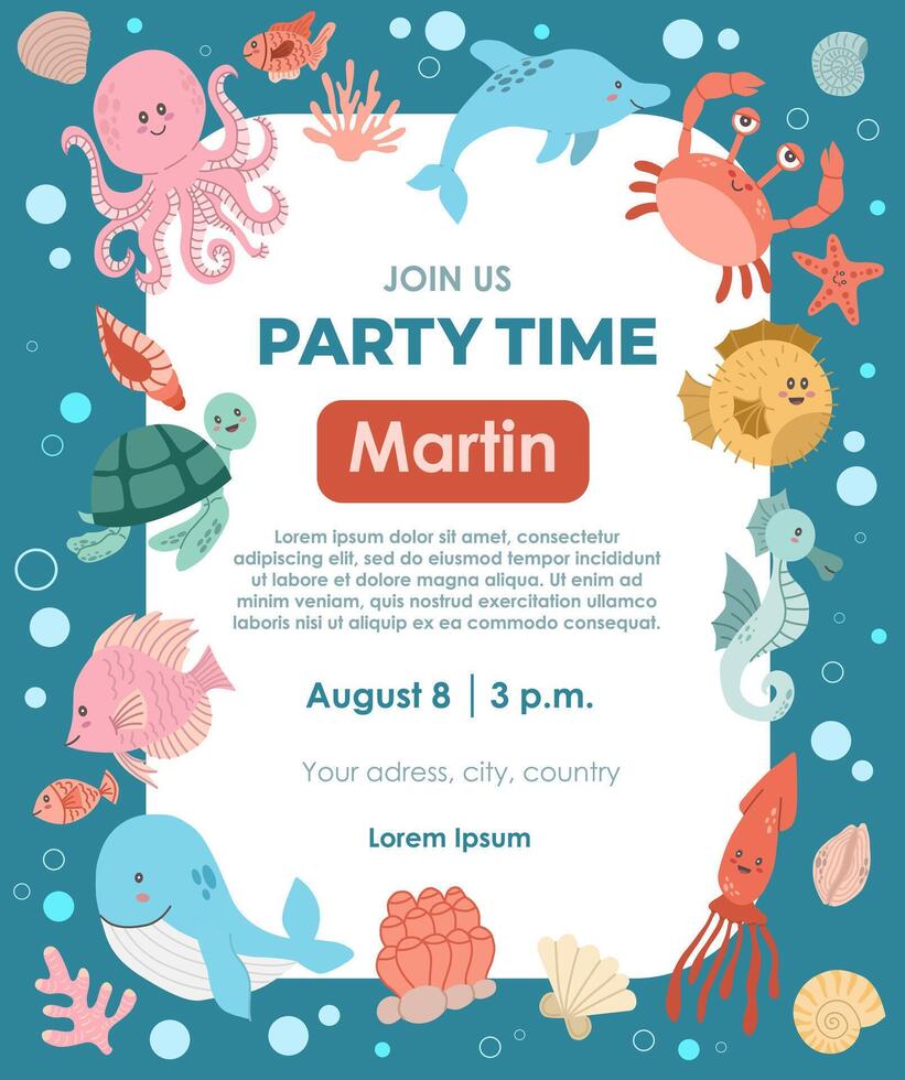 tarjeta para un cumpleaños celebracion en un náutico tema. fiesta temática mar animales ilustración vector