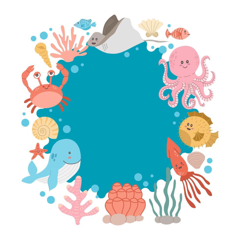 redondo azul marco con diferente mar animales en un blanco antecedentes. vector ilustración
