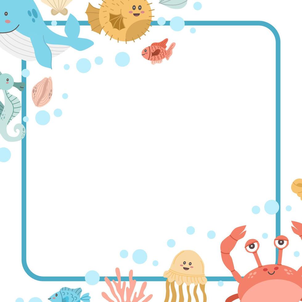 Frame with cute sea animals in kawaii style on a white background. blue stripe frame. Vector