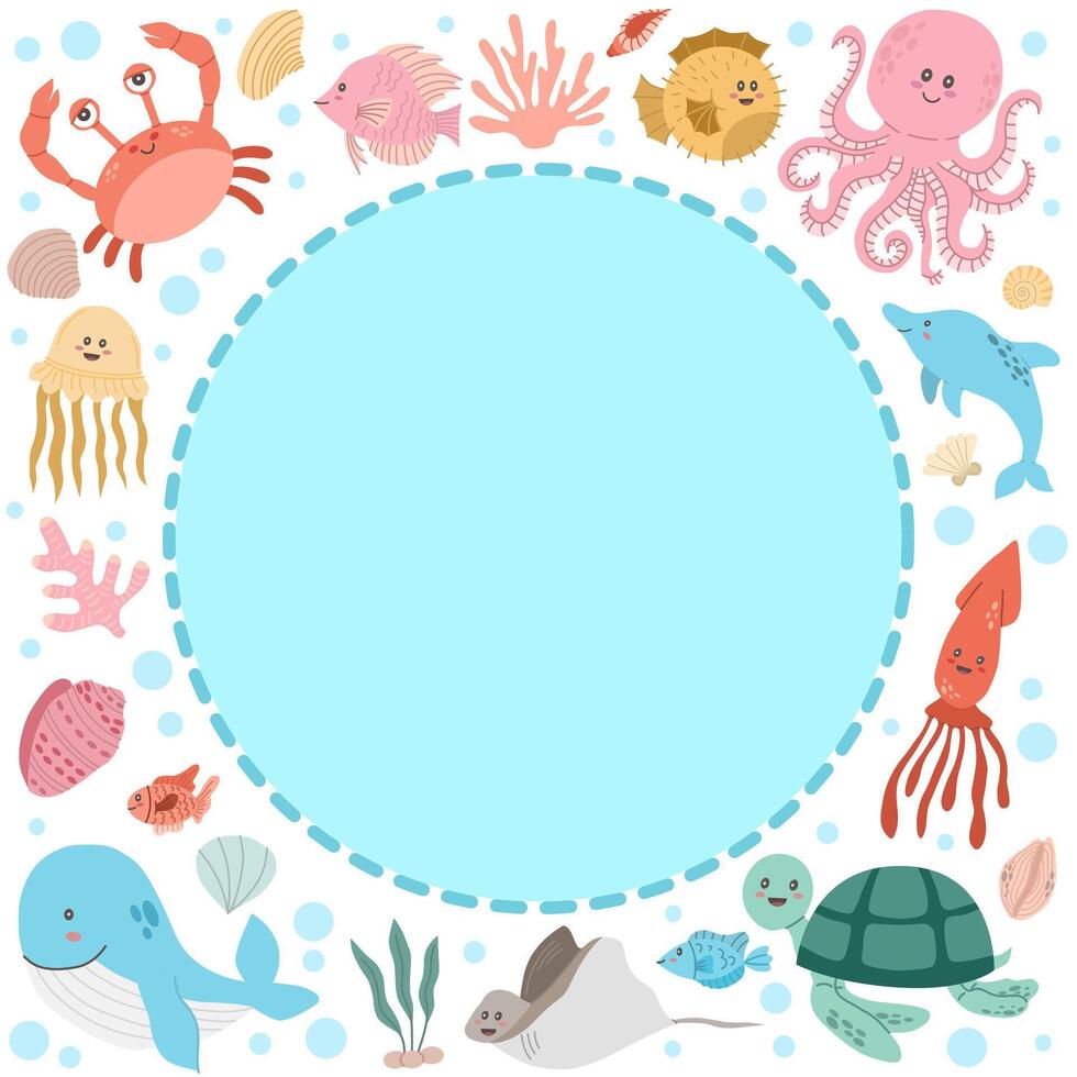 Sea animals in flat style vector round frame on a white background.
