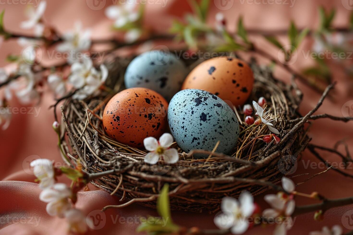 AI generated Nest with colorful Easter eggs and spring flowers on a peach colored background photo