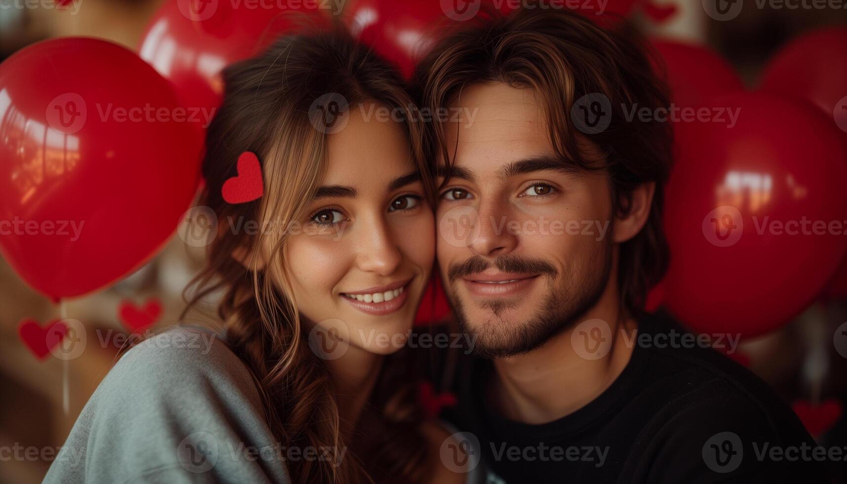 ai generado americano Pareja soportes en medio de rojo en forma de corazon globos, evocando San Valentín día romance con un sutil sombra efecto foto