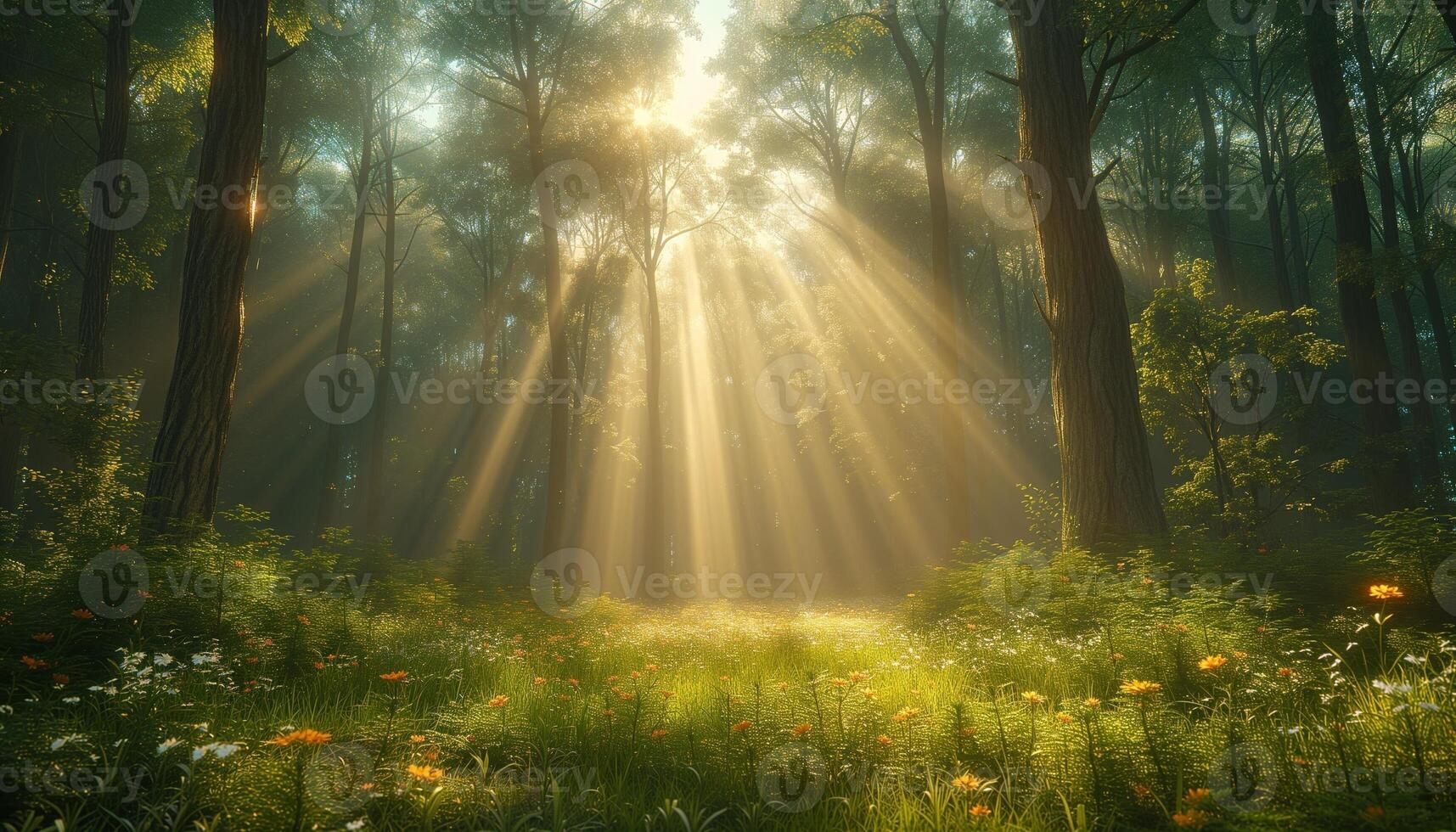 AI generated Summer Sunshine in the Woods Forest Landscape with Flowers photo