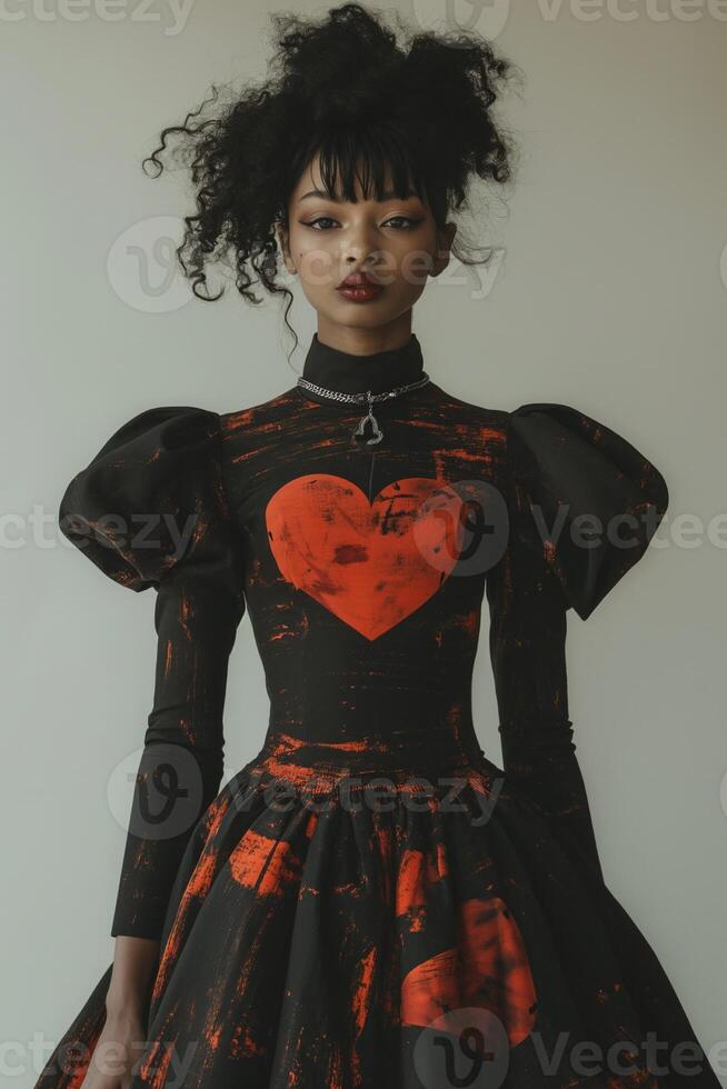 AI generated Women in a dress with a heart print in the studio on a plain white background photo
