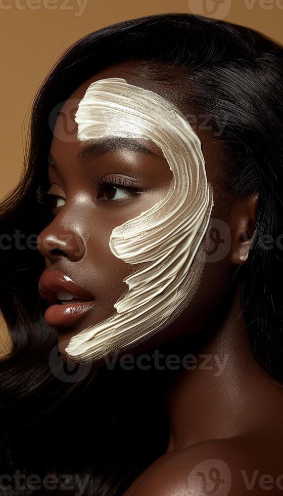 AI generated Close-up Beauty Portrait of Light-Skinned Black Woman Applying Clay Mask photo