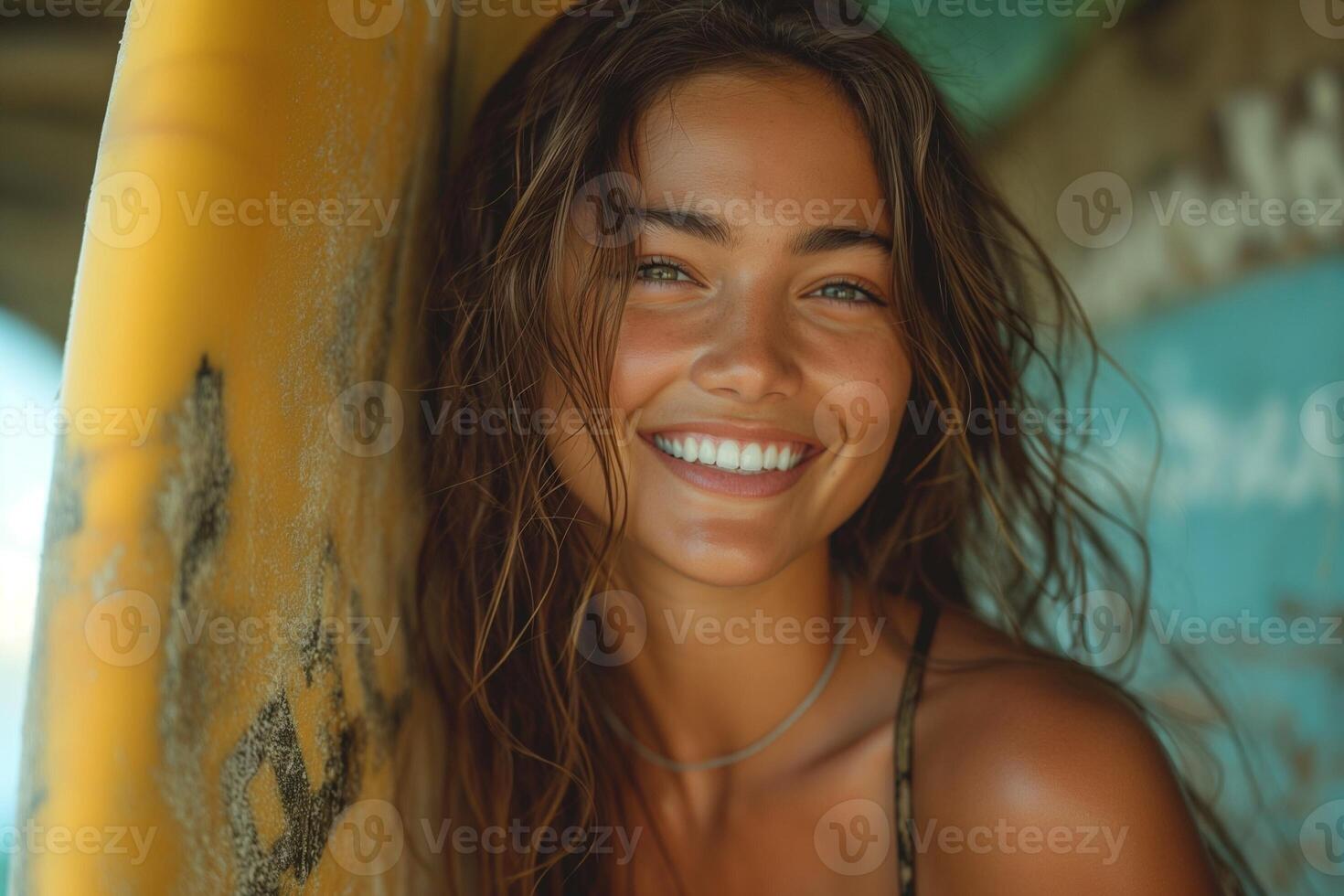 AI generated young woman at the beach, radiating joy as she holds a surfboard, capturing the essence of exotic beauty photo