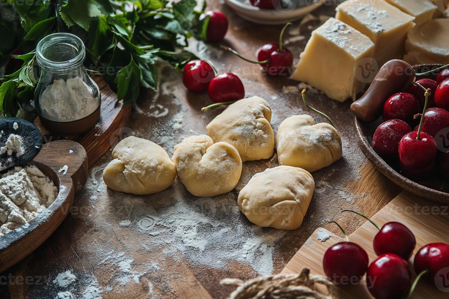 AI generated Making heart shaped dumplings with cherries on the table photo