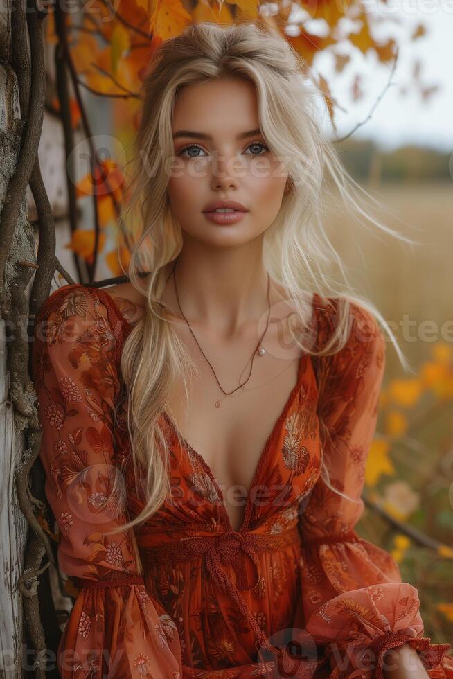 ai generado hermosa rubia mujer en naranja roja vestir posando por árbol con vistoso hojas foto