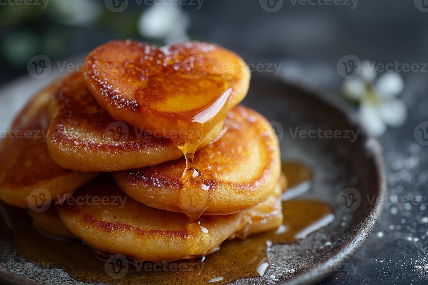 AI generated stack of heart-shaped pancakes with honey on a plate. View from above. Served on the kitchen table for breakfast photo