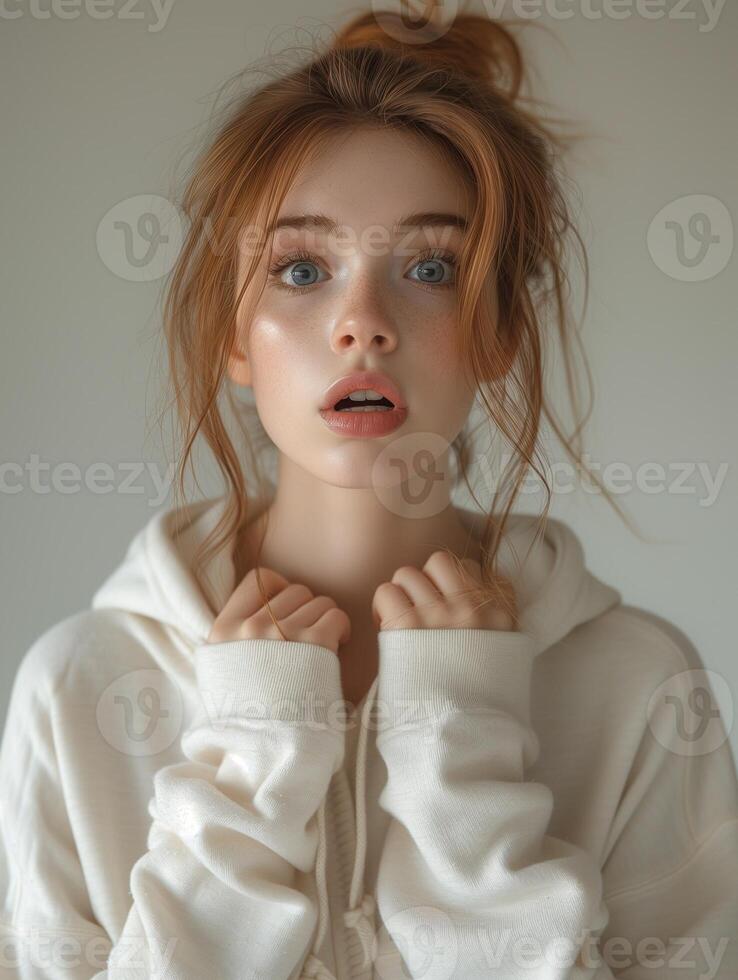 AI generated 20 Year Old Woman in Sweatshirt Shows Happiness and Concern photo