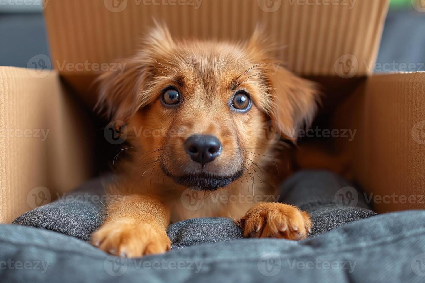 AI generated An open box with a cute puppy peeking out. Classic living room interior in the background photo