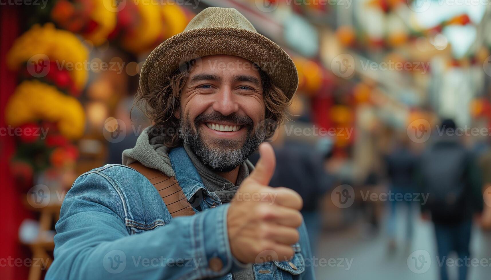 AI generated Travel Vlogger Excitement Thumbs Up in Denim Jacket photo