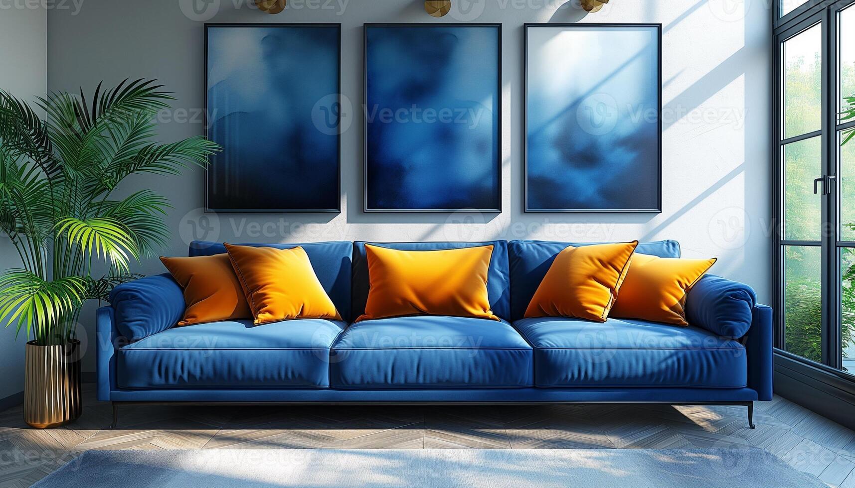 ai generado elegante hogar interior azul sofá y brillante amarillo almohadas foto