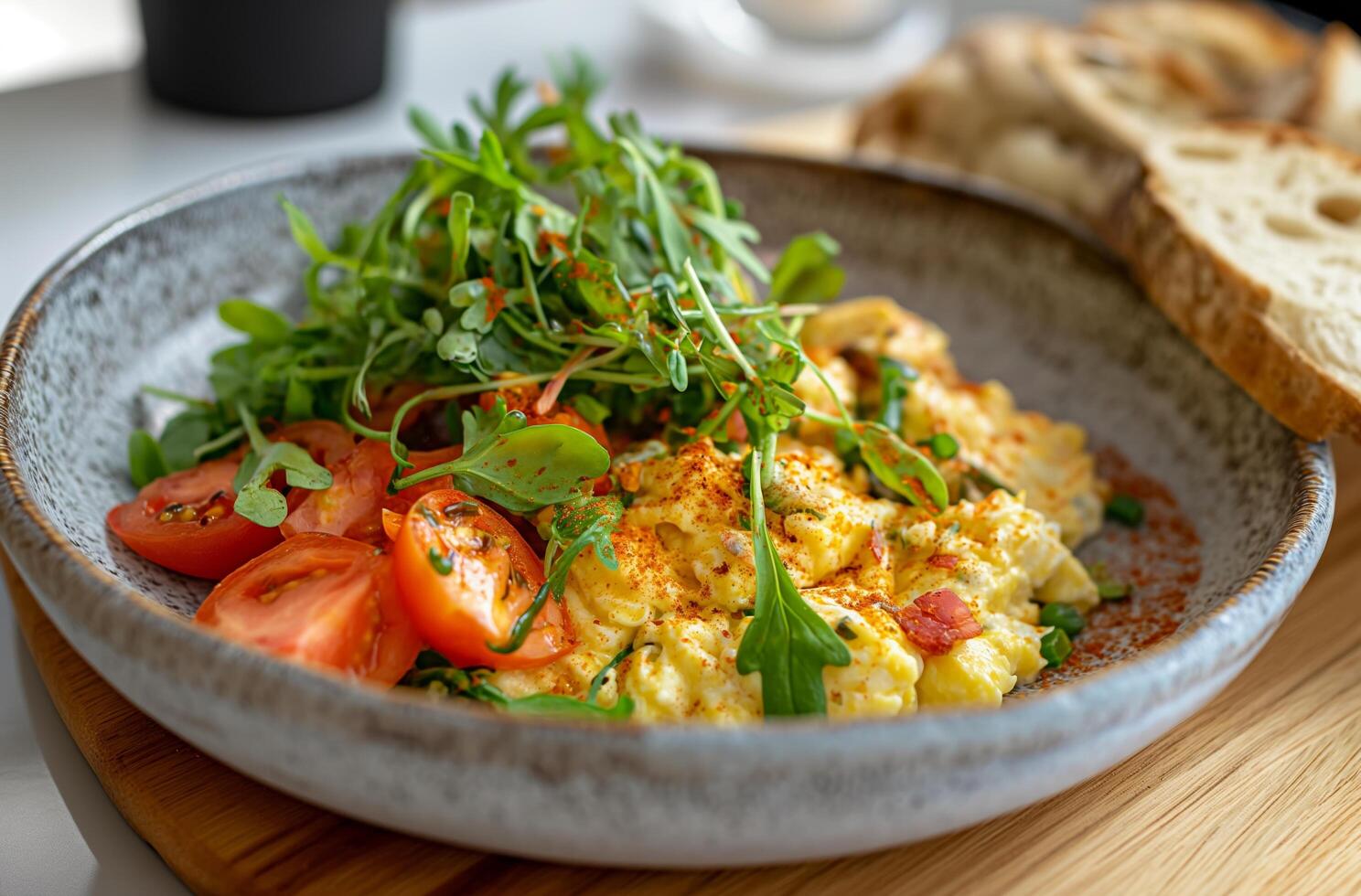 AI generated Scrambled eggs with salad photo