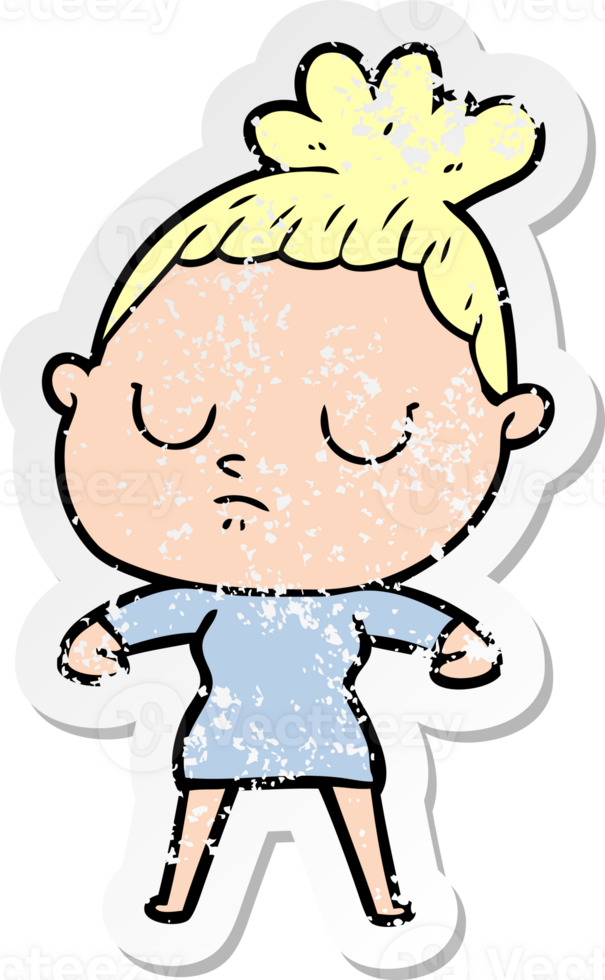 distressed sticker of a cartoon calm woman png