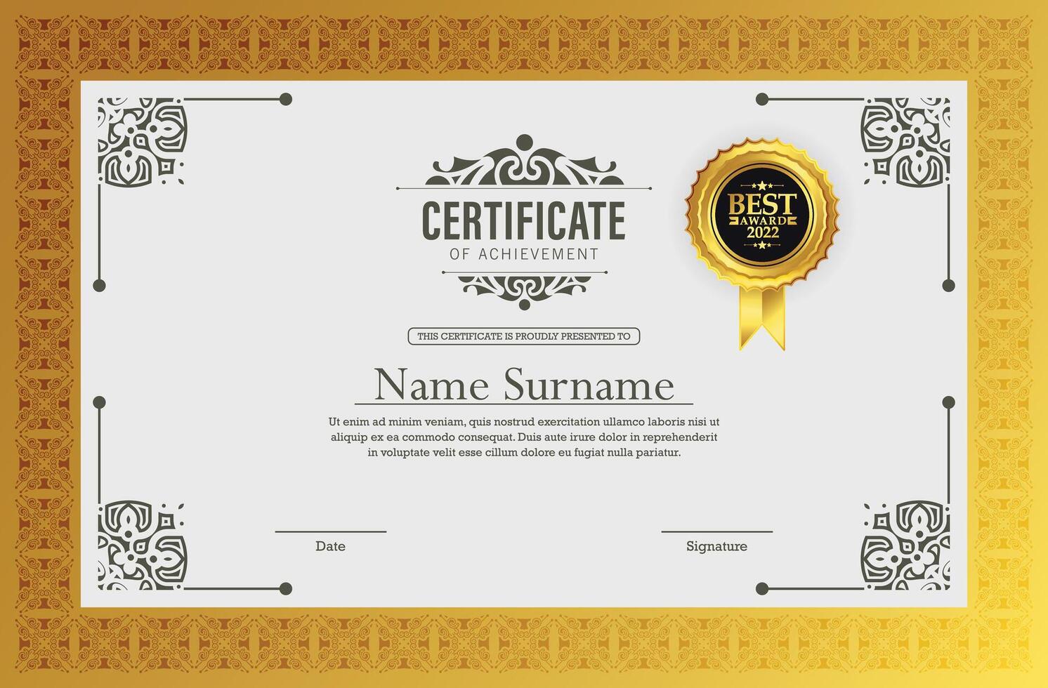 Certificate of achievement template with vintage gold border - Vector