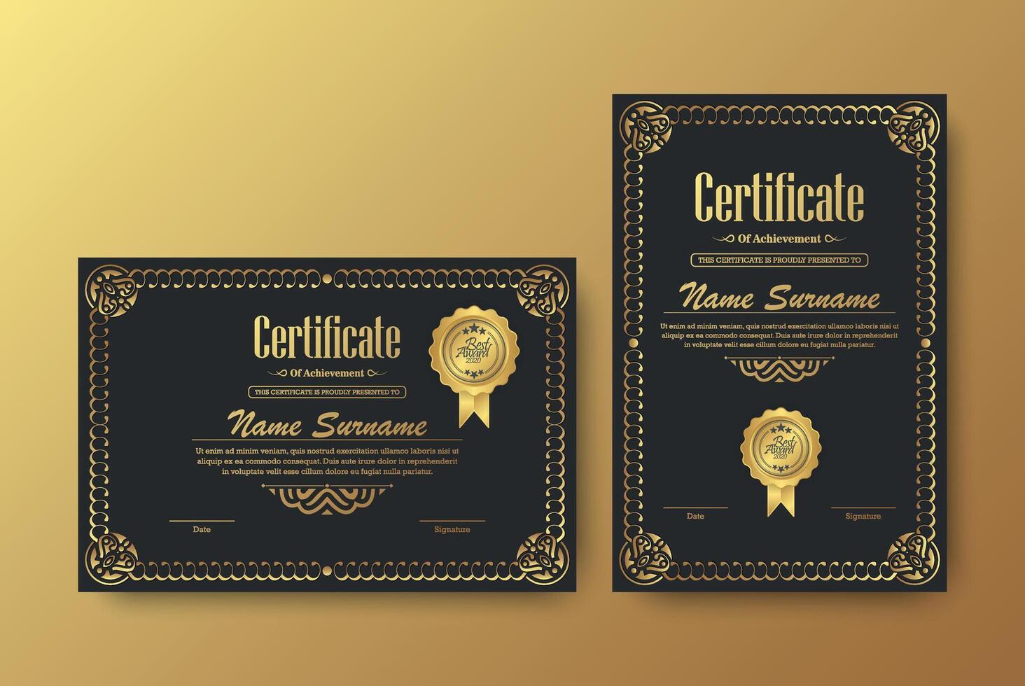 Luxury black and gold certificate with gold frame color vector
