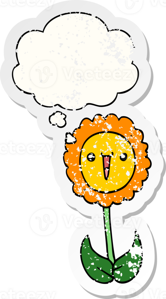 cartoon flower with thought bubble as a distressed worn sticker png