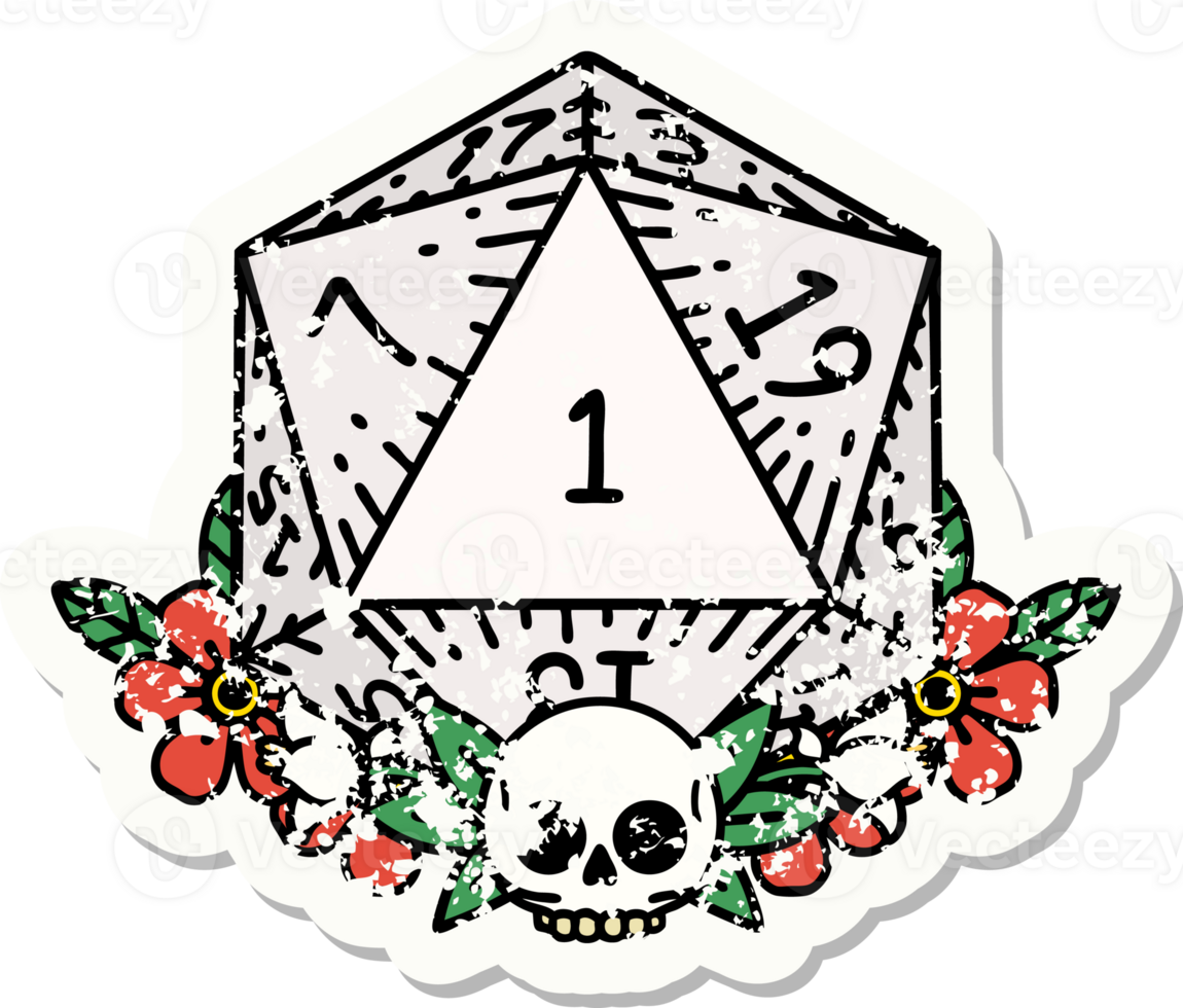 grunge sticker of a natural one dice roll with floral elements png