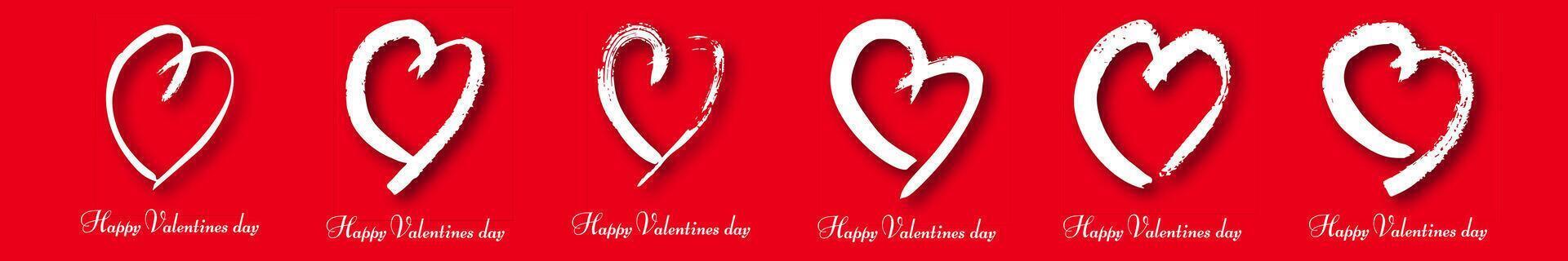 Hand drawn heart on red background. Set of six white grunge doodle hearts with shadow. Romantic love symbol vector