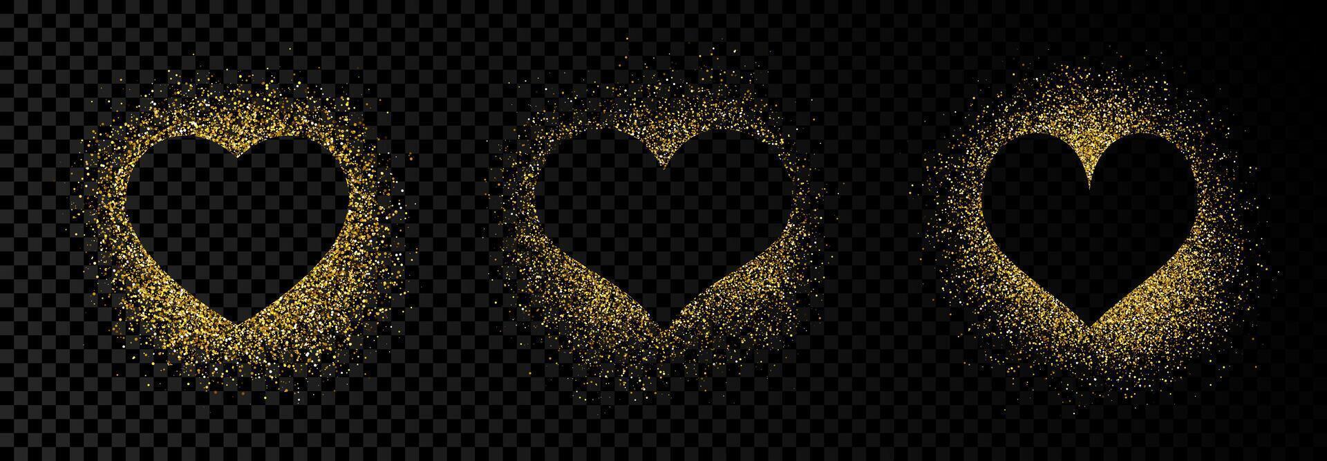 Set of three heart shape frames with golden glitter on dark background. Greeting card with empty dark background. Vector illustration.