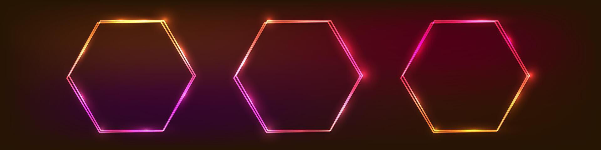 Set of neon double frames with shining effects vector