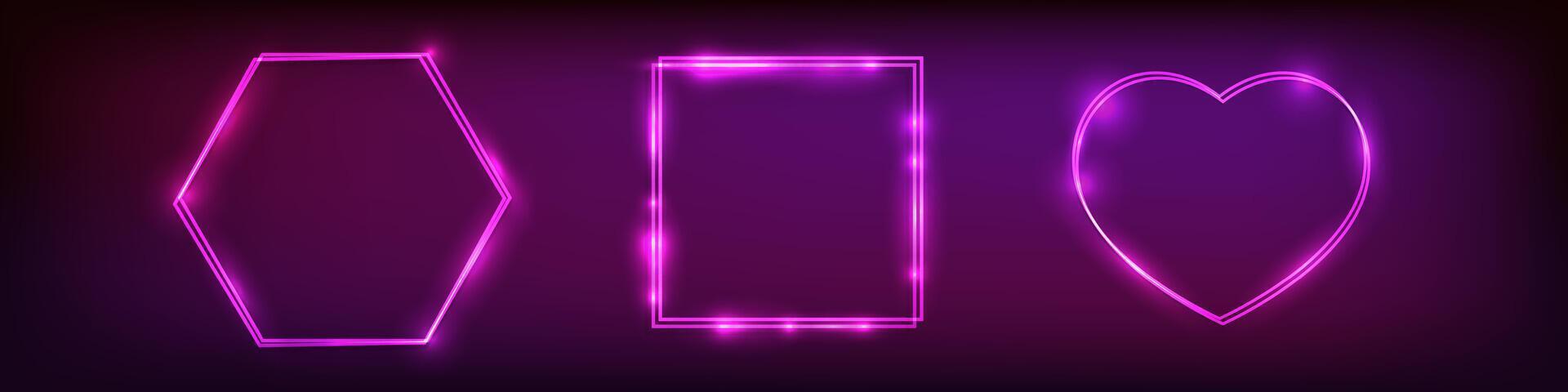 Set of neon double frames with shining effects vector