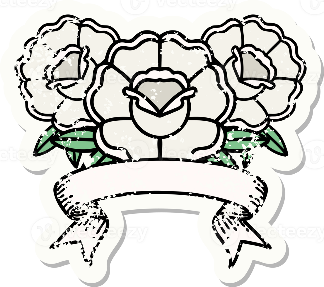 worn old sticker with banner of a bouquet of flowers png