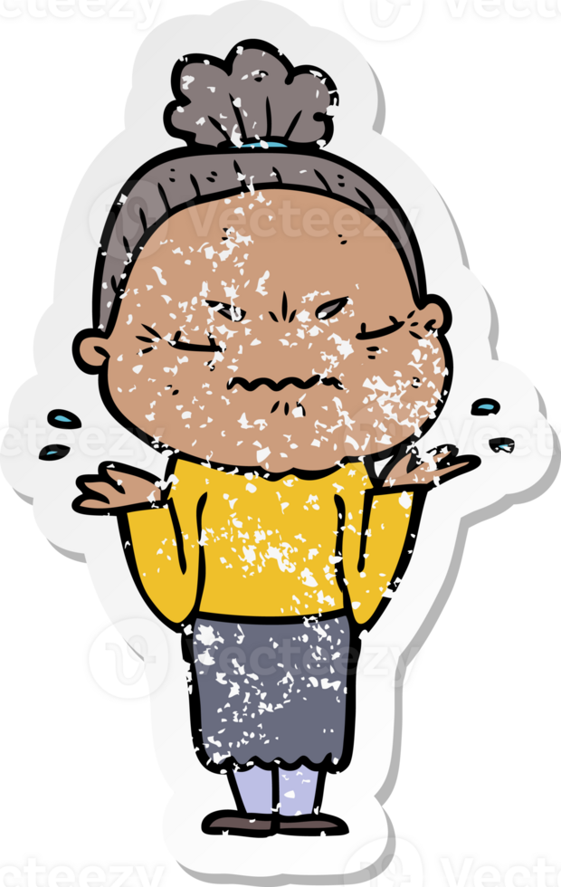distressed sticker of a cartoon annoyed old lady png