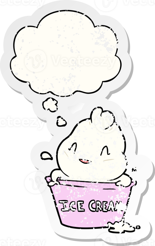 cute cartoon ice cream with thought bubble as a distressed worn sticker png