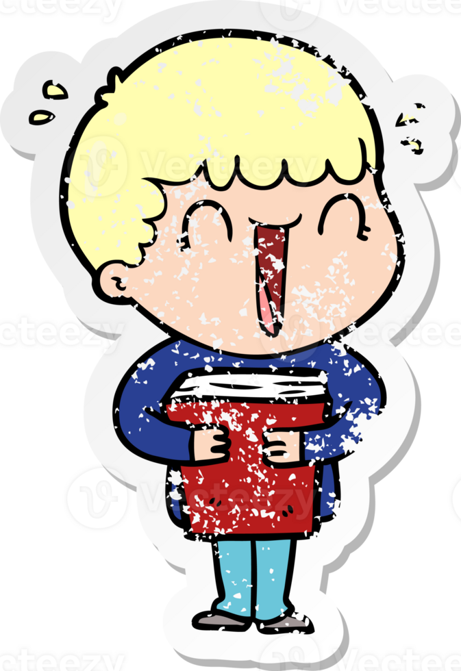 distressed sticker of a laughing cartoon man holding book png