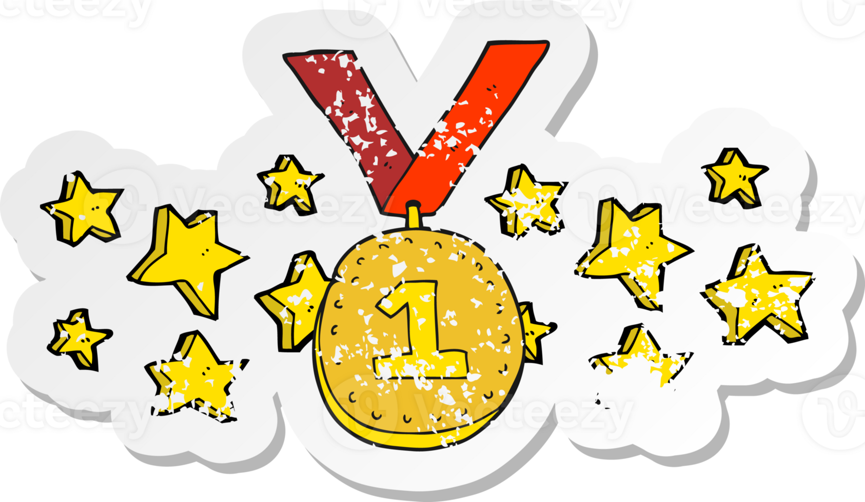 retro distressed sticker of a cartoon first place medal png