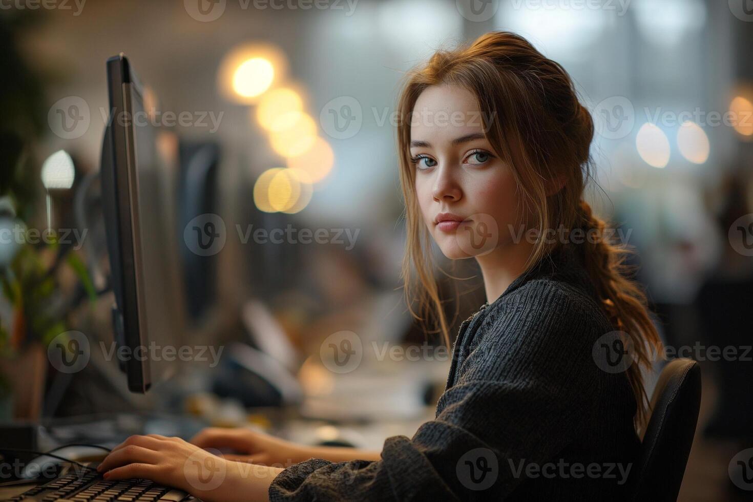 ai generado joven mujer trabajando en el oficina con computadora foto