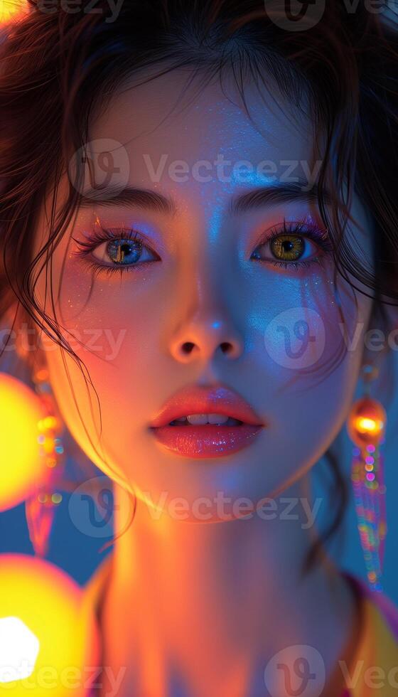 AI generated Vivid Asian Fashion High-Fashion Model in Fluorescent Style photo