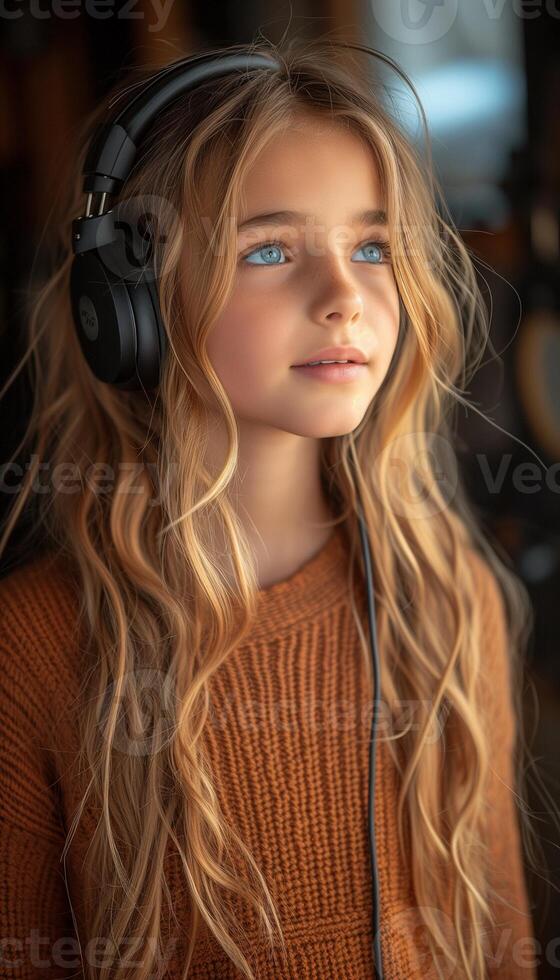 AI generated Girl Wearing Headphones in Music School Lesson photo