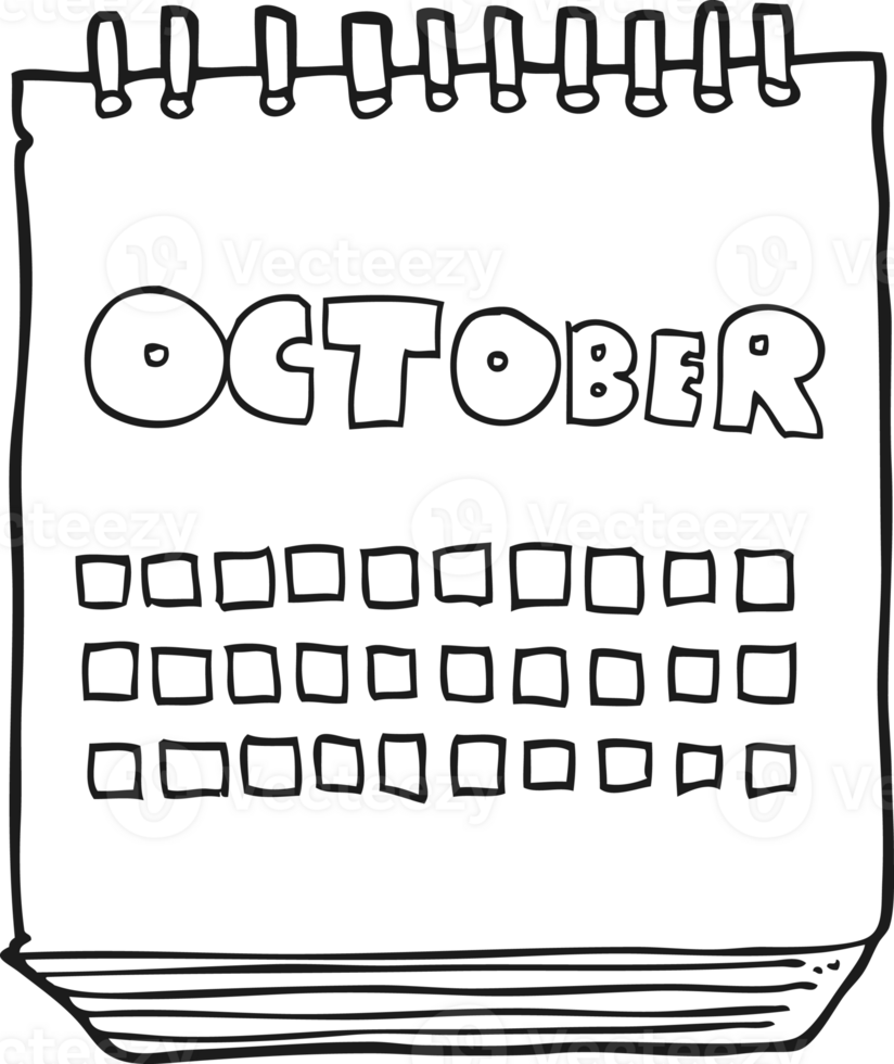 hand drawn black and white cartoon calendar showing month of october png