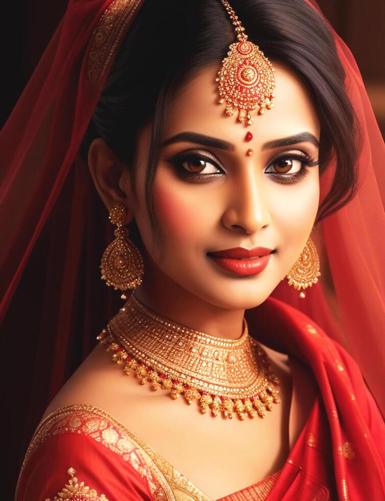 AI generated Indian beautiful bride in saree AI generated photo
