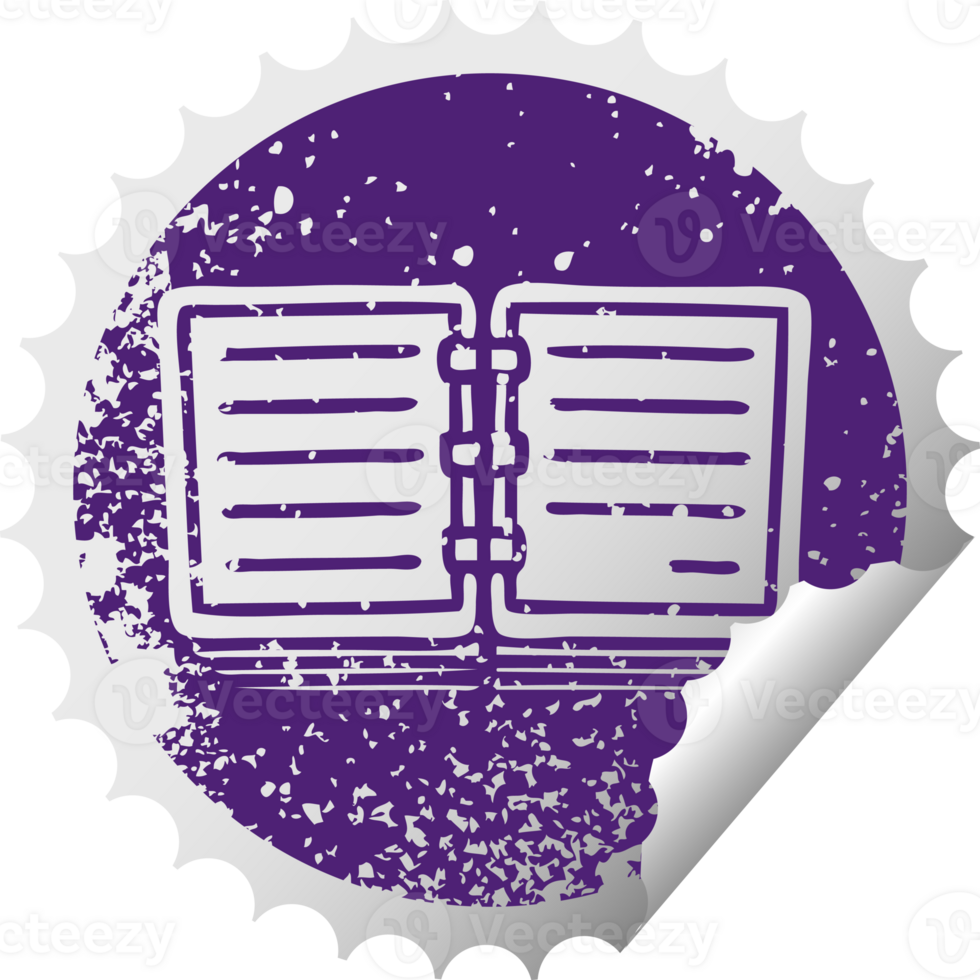distressed circular peeling sticker symbol of a note book png