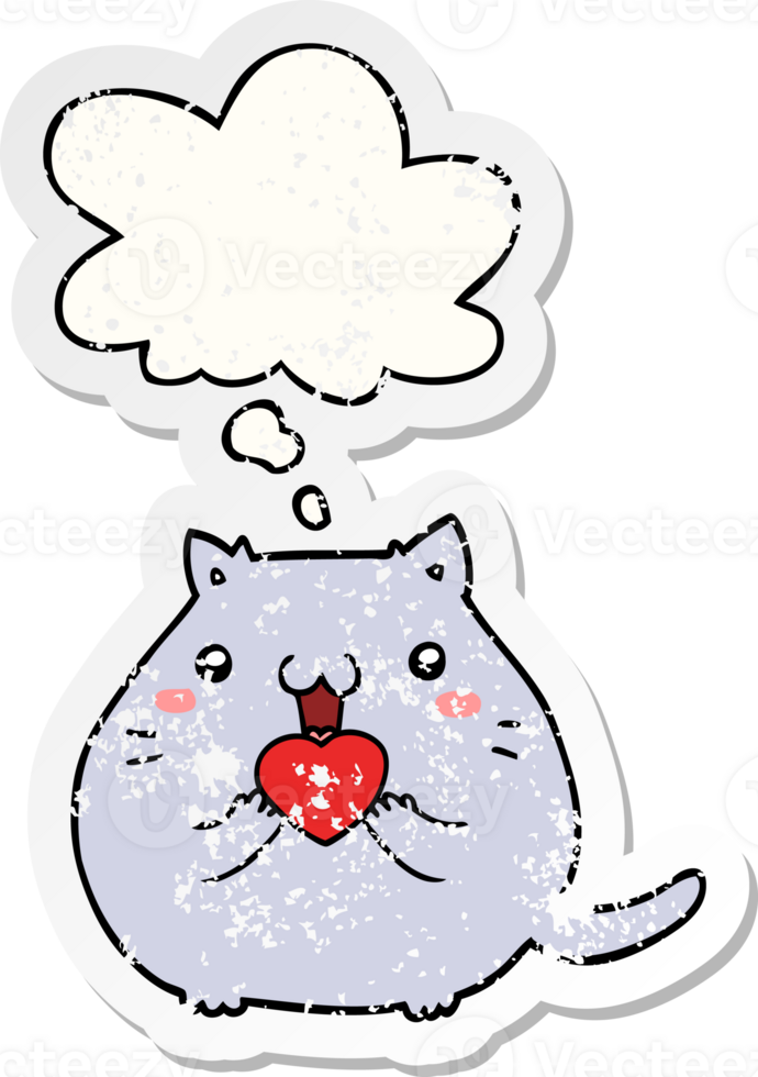 mignonne dessin animé chat dans l'amour avec pensée bulle comme une affligé usé autocollant png