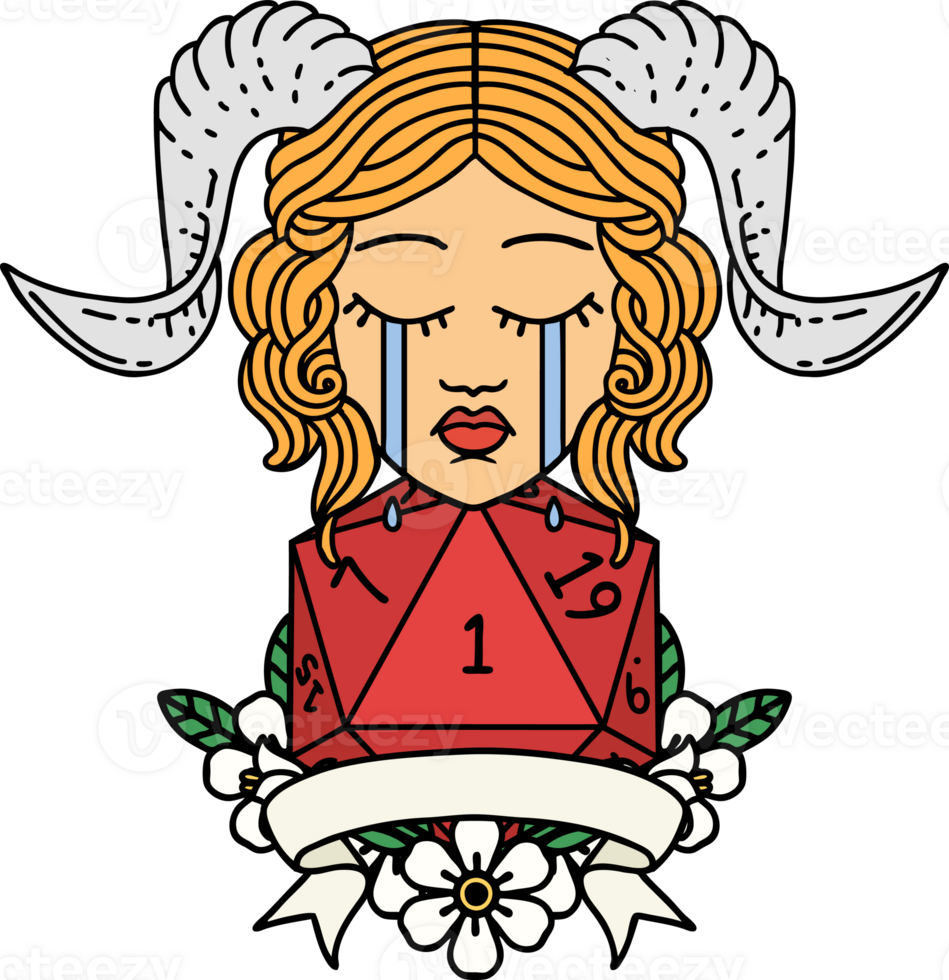 Retro Tattoo Style crying tiefling with natural one D20 dice roll png