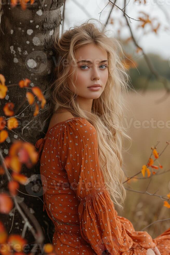 AI generated Beautiful Blonde Woman in Red-Orange Dress Posing by Tree with Colorful Leaves photo