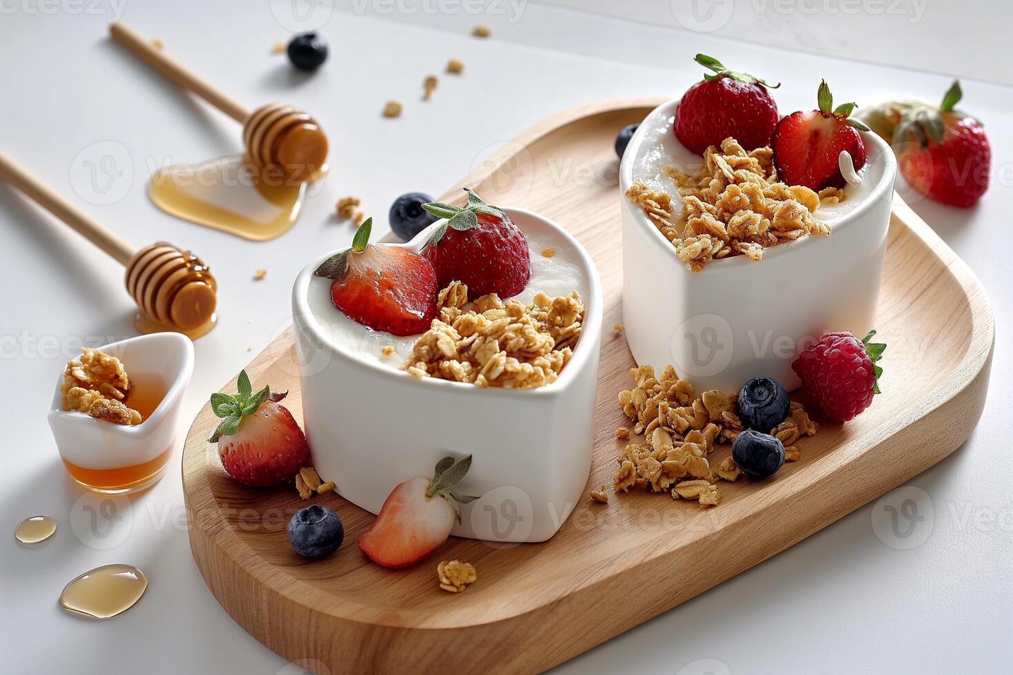 AI generated Yogurt in the shape of a heart. Serve with honey and granola photo