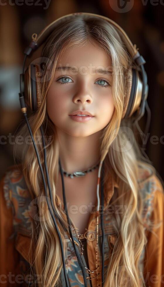 ai generado niña vistiendo auriculares en música colegio lección foto