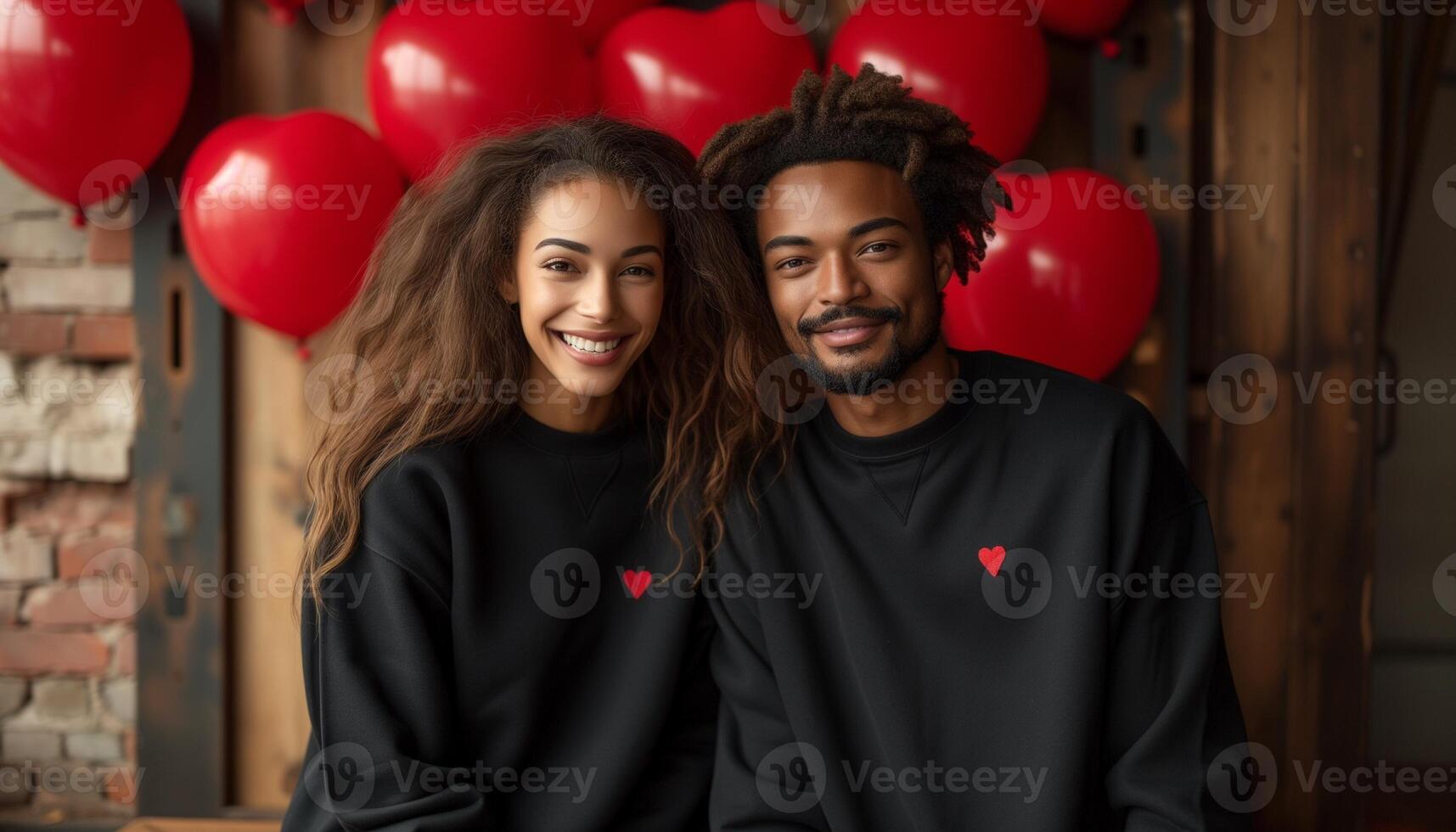 AI generated American couple stands amid red heart-shaped balloons, evoking Valentine's Day romance with a subtle shadow effect photo